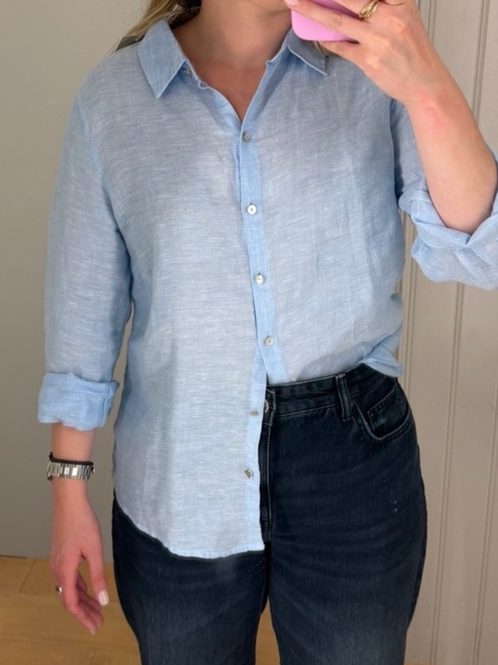 Light Blue Linen Button-Up Shirt - Classic Women's Top